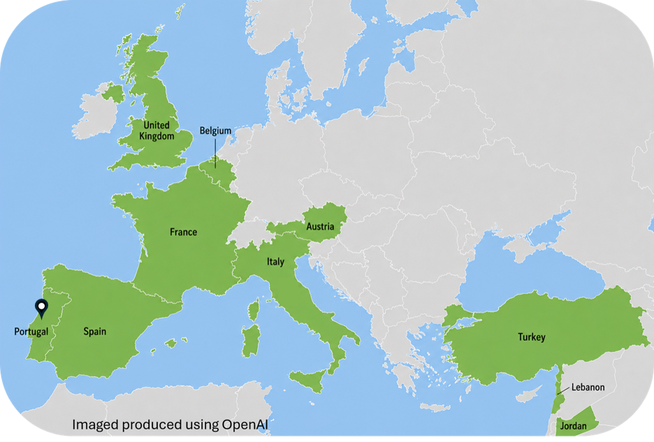 Map of Europe highlighting the countries represented at the SENESCENCE2030 2nd Training School